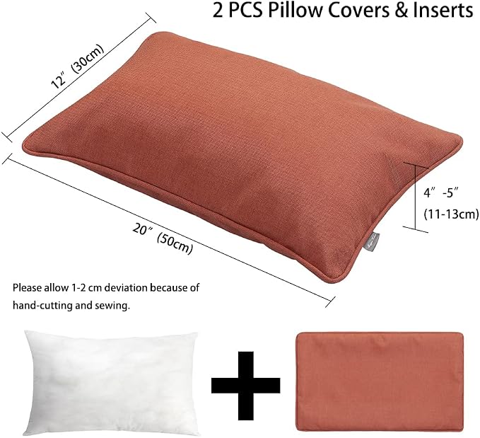 Magpie Fabrics Pack of 2 Outdoor Waterproof Lumbar Rectangular Throw Pillow with Insert 12x20 Inch, Home Decorative Toss Cushion for Patio Garden Car Office (Coral Orange Red)