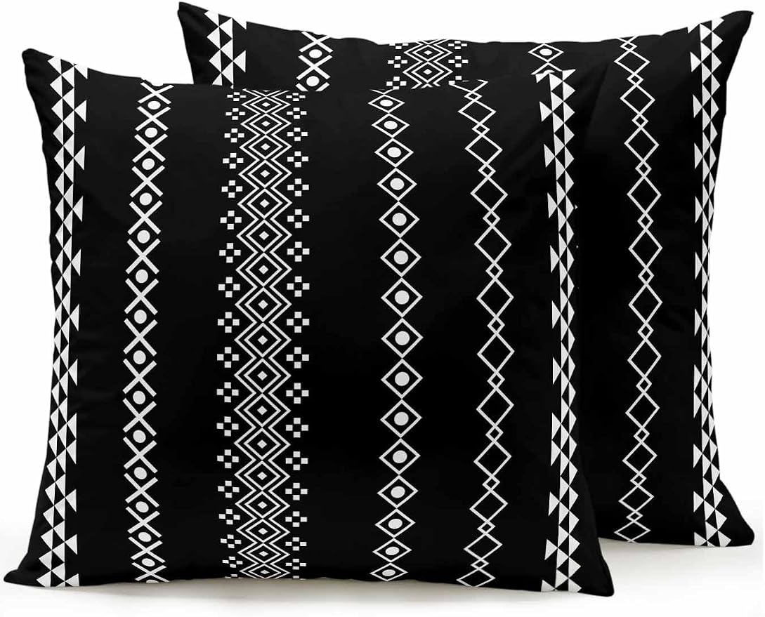 Outdoor Waterproof Throw Pillows 18x18in, Traditional Tribal White Diamond Patio Pillows Pack of 2, Decorative Pillow Covers with Insert, Pillow Cushion Case for Garden Boho Geometric on Black