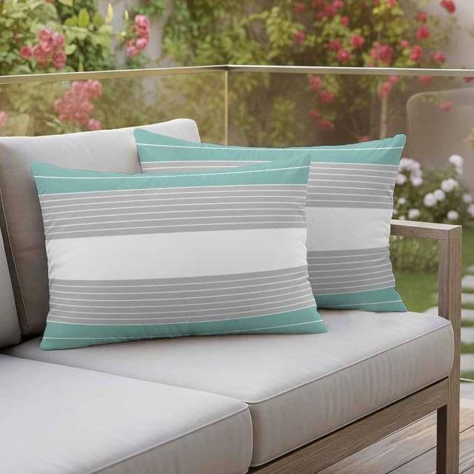 Turquoise Grey Stripe Outdoor Pillow Covers Set of 2 Gradient Line Waterproof Throw Pillow Cover Decorative Cushion Cases for Patio Porch Garden 20X12 Inch