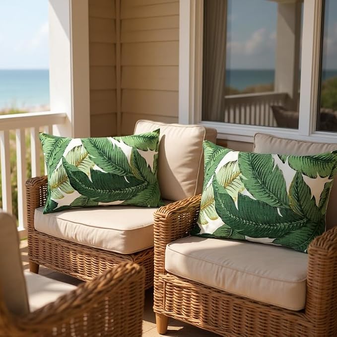 RSH DECOR: Lumbar Throw Pillows Set of 4 | 20” x 12" | All-Weather Spun Fabric | Water and Fade-Resistant | Outdoor Support Pillows for Patio Furniture | Swaying Palms Aloe