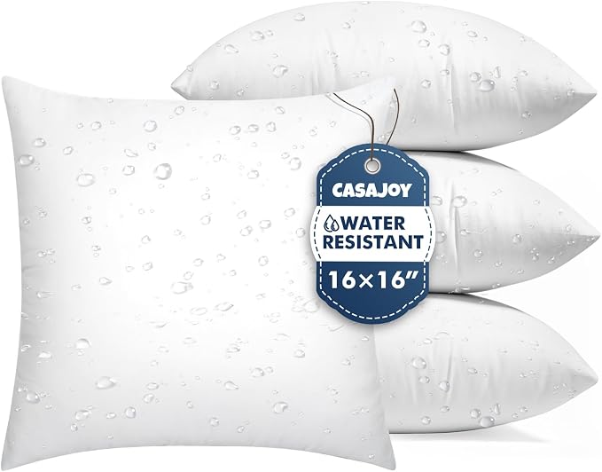 4 Pack 16x16 Outdoor Pillows, Water Resistant Throw Pillow Inserts | Square Waterproof Pillows, Decorative Pillow for Patio & Couch, Fluffy & Supportive, Convenient Zipper Design