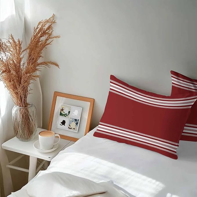 Outdoor Pillow Covers 12x20 Set of 2 Burgundy Red Stripe Outdoor Pillows Waterproof Throw Pillow Covers French Stripe Farmhouse Style Pillowcases Decorative Case for Patio Cushion