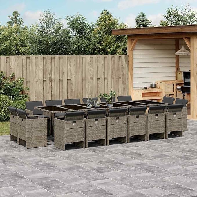 17 Piece Patio Dining Set with Cushions Gray Poly Rattan, Outdoor Rattan Dining Table and 16 Chairs, Folding Chairs with Removable Cushions, Tempered Glass for Garden Backyard Lawn Deck Entertaining