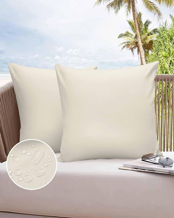 Outdoor Waterproof Throw Pillow Covers Set of 2 Cream Pillowcases 16x16 Inches Solid Color Patio Decorative Pillows Cushion Case Patio Pillows for Couch Bed Chair Garden