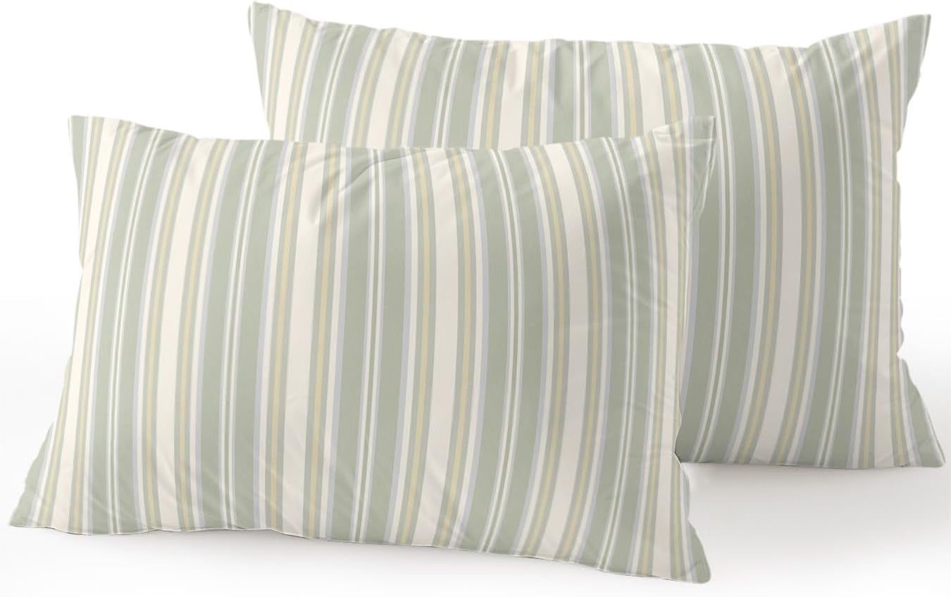Waterproof Outdoor Pillow Set of 2 Sage Green Stripes Decorative Throw Pillows Cover & Insert 20x12 Inch Lumbar Pillowcase White Lines Lines Pillows for Couch Sofa Bed Patio Furniture Indoor Outdoor