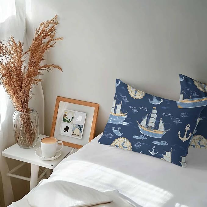 Coastal Boat on Navy Blue Outdoor Pillow Covers 20x12in Pack of 2 Waterproof Pillowcase Nautical Ocean Compass Anchor Decorative Throw Cushion Case for Patio Couch Sofa