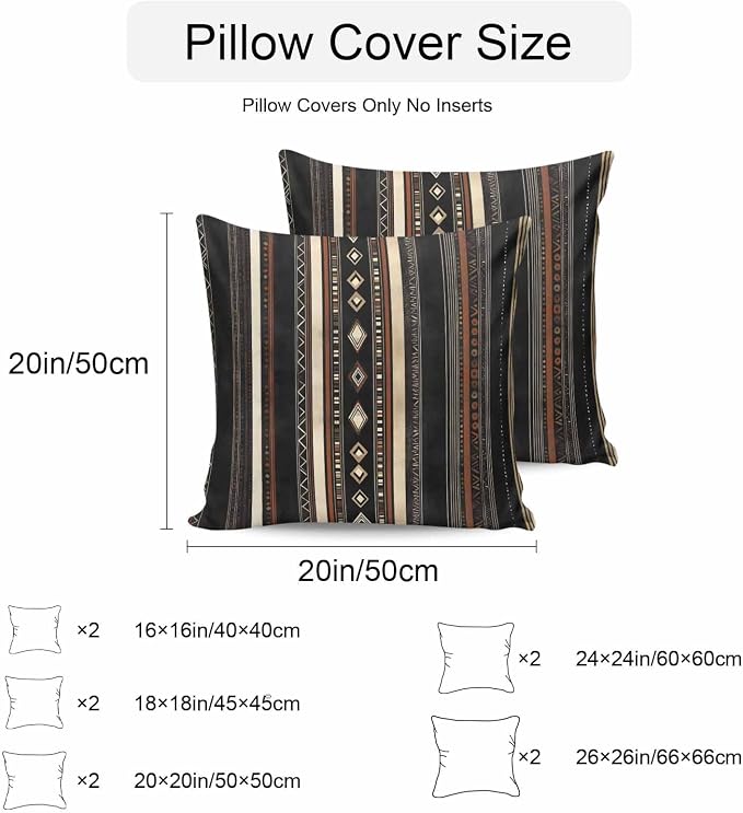 Black Beige Boho Outdoor Pillow Covers 26x26 Inch Throw Pillow Covers Set of 2 Waterproof Decorative Pillow Cases Vintage Abstract Geometric Ethnic Cushion Covers for Patio Furniture Garden Couch Sofa