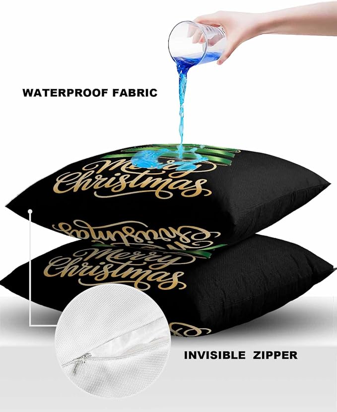 Black Christmas Tree Outdoor Pillow Covers 18 x 18 Inches, Green Xmas Tree with Star Waterproof Throw Pillow Cover Set of 2, Christmas Black Decorative Square Cushion Covers for Patio/Couch