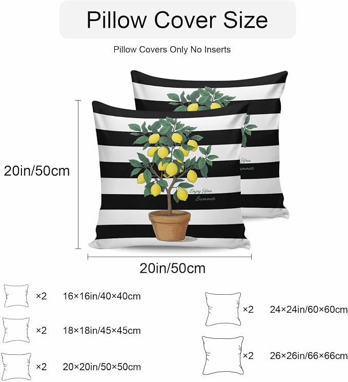 Summer Lemons Outdoor Waterproof Pillow Covers Set of 2, Yellow Fruit Leaf Black White Striped Abstract Pillowcase Decorative Throw Cushion Cases for Patio Garden Couch 24 x 24 Inches