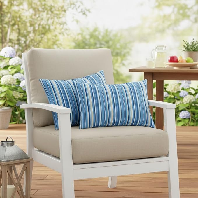 Set of 2 Outdoor Throw Pillows 19 x 12 Inch – Reversible Rectangle Patio Accent Pillows – Weather-Resistant Polyester Fabric – Eco-Friendly Recycled Polyfiber Fill – Sapphire Stripe