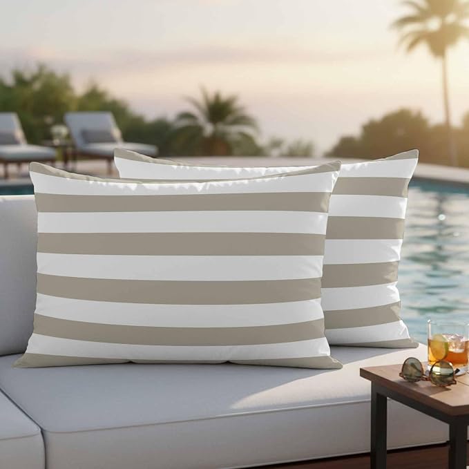 JasmineM Outdoor Pillow Cover 12x20 Inches Set of 2 Tan and White Stripe Waterproof Throw Pillow Covers Taupe Tan Brown Stripes Decorative Pillowcases Garden Cushion Case for Patio Couch Sofa