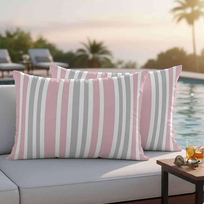 Pink Grey Stripe Outdoor Pillow Covers 20x12 Inch Lumbar Pillow Covers Set of 2 Waterproof Decorative Throw Pillow Cases Farmhouse Minimalist Striped Cushion Covers for Patio Furniture Garden Couch