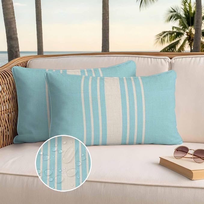 Lumbar Pillow Covers 20x12 Inch Set of 2, Aqua Beige Striped Waterproof Outdoor Cushion Covers, Modern Farmhouse Retro Lines Decorative Pillowcases for Couch, Sofa, Bed, Garden, Patio