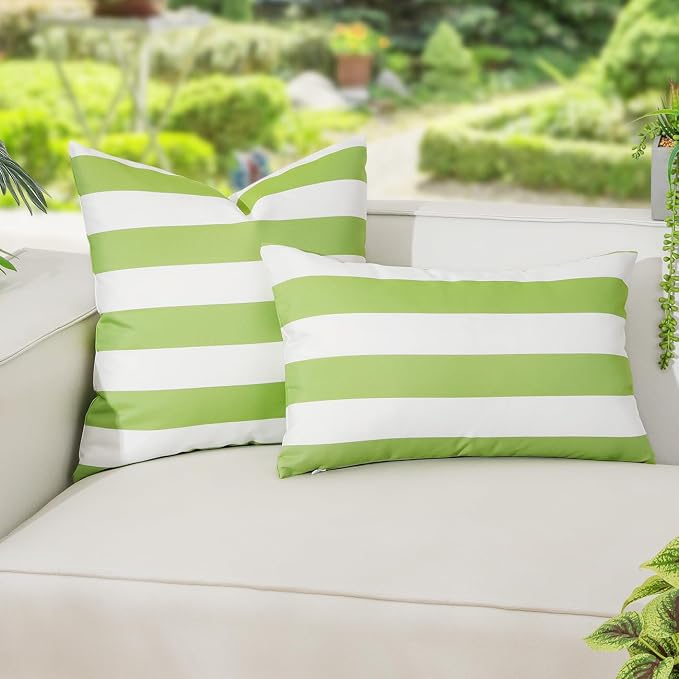 Lewondr Outdoor Throw Pillow Covers, Square Stripe Waterproof Throw Pillow Cases for Outdoor Patio Porch Farmhouse Garden Balcony Couch, 18"x18"(45x45cm)/12"x20"(30x50cm), Green + White