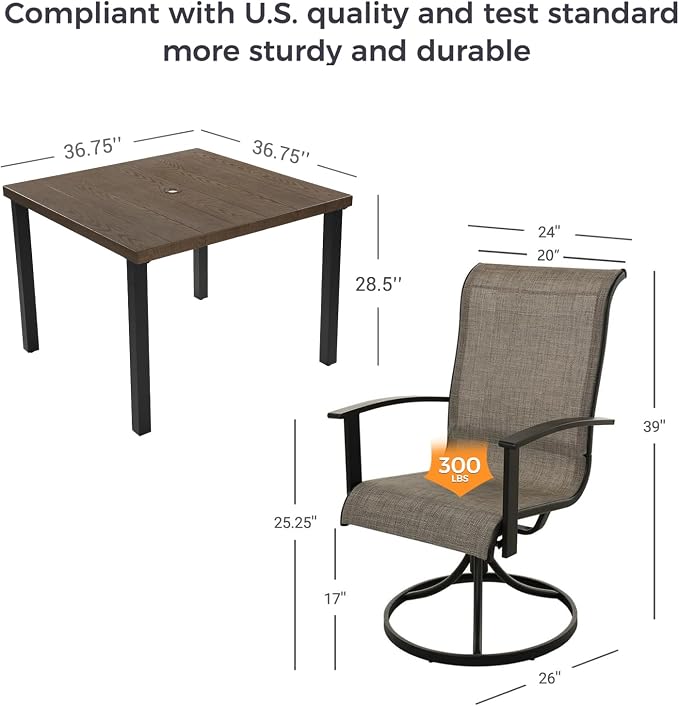 Grand patio 5-Piece Outdoor Dining Set for 4, Patio Dining Set with Swivel Patio Chairs & 1 Square Woodgrain Dining Table with Umbrella Hole, Coffee