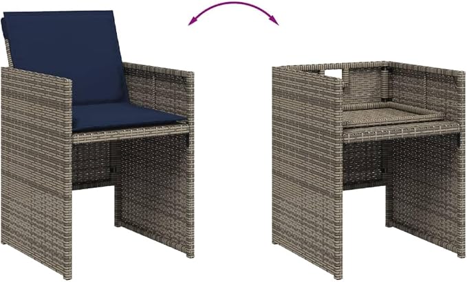 7 Piece Garden Dining Set with Cushions Grey Poly Rattan Outdoor Patio Furniture Set for 6, Foldable Chairs with Removable Covers, Acacia Wood Table for Backyard Relaxing and Al Fresco Dining