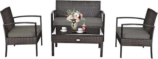 HAPPYGRILL 4-Piece Patio Furniture Set, Garden Pool Lawn Rattan Wicker Conversation Set, Loveseat Sofa Cushioned Seat & Glass Top Coffee Table