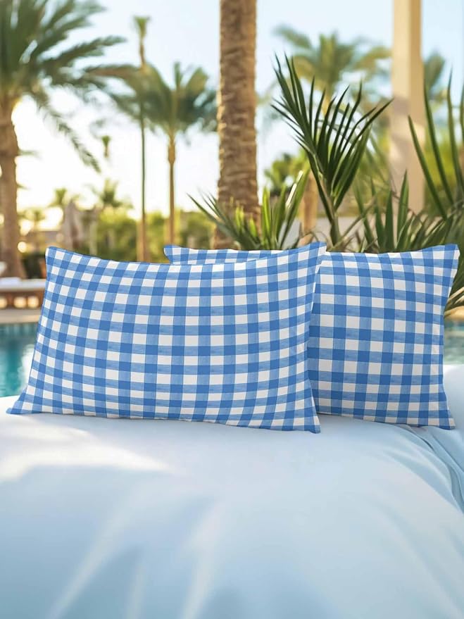 Outdoor Waterproof Throw Pillows Light Blue Gingham Check Patio Pillows Pack of 2,Decorative Pillow Covers with Insert,Pillow Cushion Case for Garden Couch Sofa Country Classic Plaid
