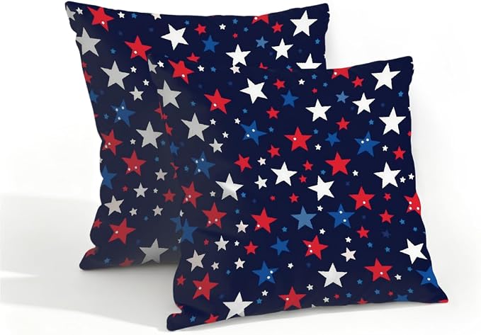 16x16 Inch Outdoor Pillow Covers Set of 2 Waterproof Throw Pillow Covers Decorative Couch Cushion Covers White Blue Red Stars Square Pillowcases Protectors for Patio Garden Sofa