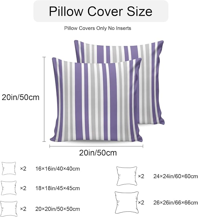 Purple Grey Stripe Outdoor Pillow Covers 20x20 Inch Throw Pillow Covers Set of 2 Waterproof Decorative Pillow Cases Farmhouse Minimalist Striped Cushion Covers for Patio Furniture Garden Couch Sofa