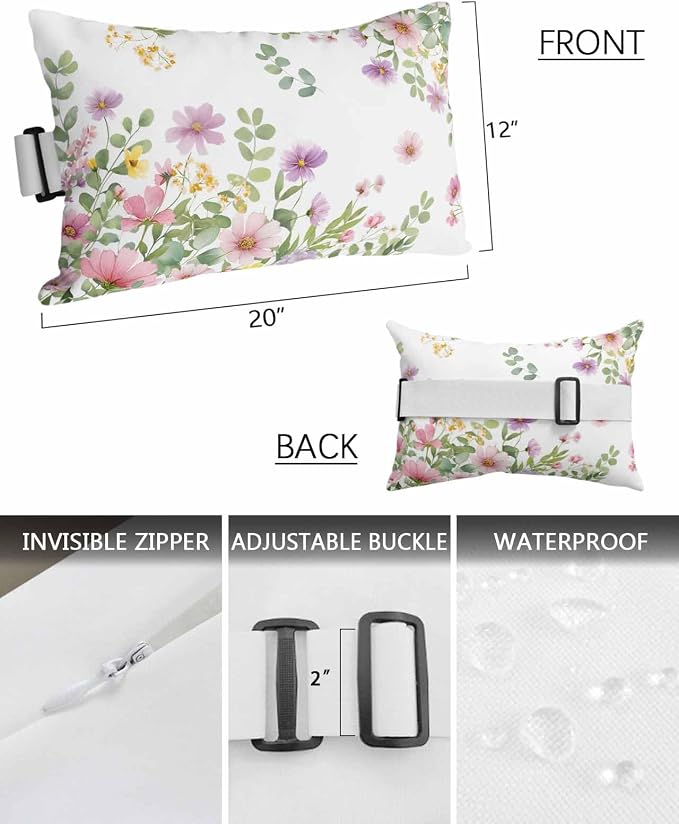 Pink Spring Floral Outdoor Pillows with Insert 12x20 Inch Watercolor Botanical Wildflowers Waterproof Headrest Pillows with Adjustable Strap Lounger Chair Throw for Patio Furnitures, 1 Pack