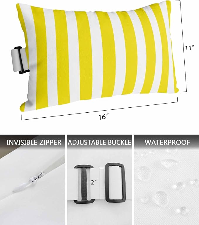 DecorLovee Yellow Striped Outdoor Recliner Pillows for Head, Farmhouse Waterproof Chair Pillow with Elastic Stripe, Yellow White Stripes Chaise Lounge Headrest Pillow for Patio/Pool 1Pack, 11"x16"