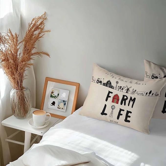 Outdoor Throw Pillows Covers 20x12 inch Set of 2 Waterproof Farm Life Decorative Zippered Cushion Covers for Patio Furniture, Retro Farmhouse Red Barn Windmill Cow Chicken Tractors Lumbar Pillowcases