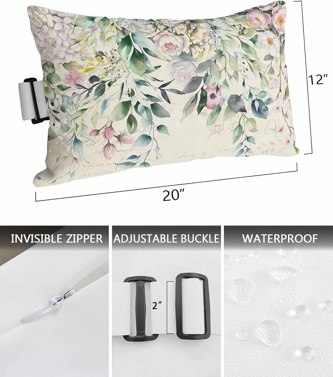 Lumbar Pillow Covers Set of 2, Eucalyptus Leaves Waterproof Outdoor Chaise Lounge Pillow Covers with Elastic Strap, Spring Floral Summer Botanical Vintage Headrest Pillowcase for Patio, 12 x 20