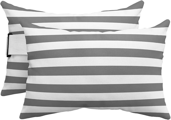 T&H XHome Outdoor Pillow for Chaise Lounge Chair, Grey and White Stripes Waterproof Headrest Pillow Lumbar Pillows with Adjustable Elastic Strap for Beach, Poolside, Patio, Office (2 Pack)