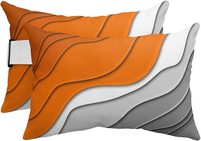 Geometric Ombre Lounge Pillows Outdoor, Aesthetic Orange Grey White Gradient Abstract Head Pillows, Modern Waterproof Patio Furniture Lumbar Pillows with Adjustable Elastic Strap for Recliner Beach