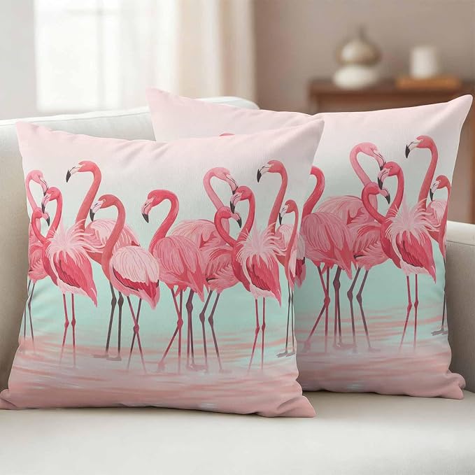 Outdoor Pillow Covers,Flamingo Bird on Gradient Background Decorative Throw Pillow Cover Waterproof Pillowcase Set of 2,Linen Cushion Case for Sofa Couch Bed 18x18 Inch,Tropical Pink Animals