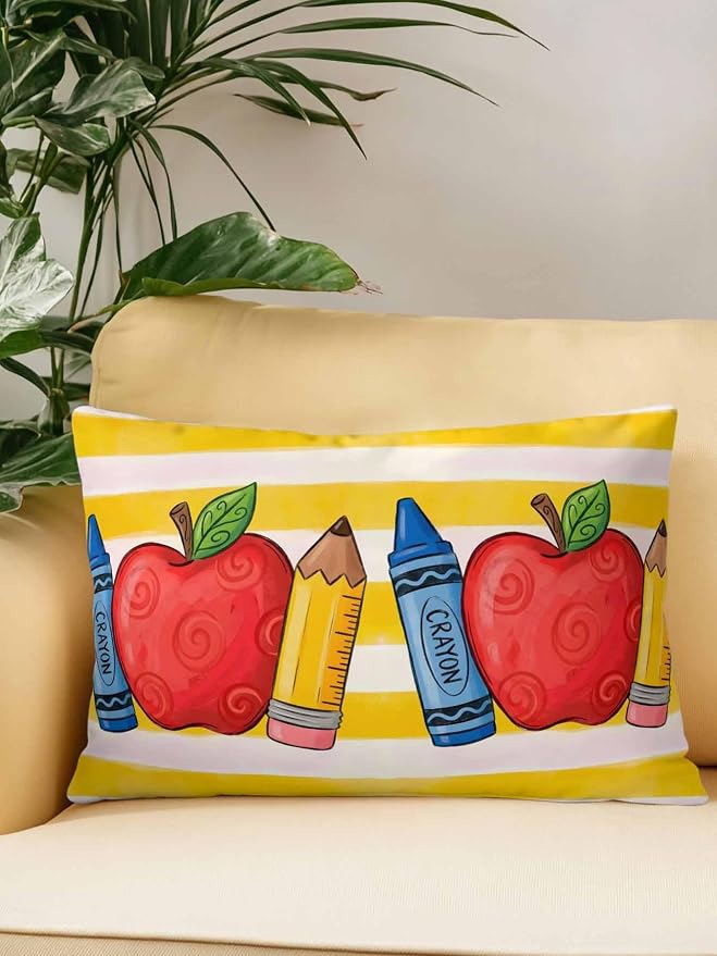 1 Pack Outdoor Throw Pillow, Children's Day Waterproof Pillow with Insert Included, Funny Cartoon Pencil Yellow Striped Decorative Accent Cushion Lumbar Pillows for Patio Porch, 12 x 20 in