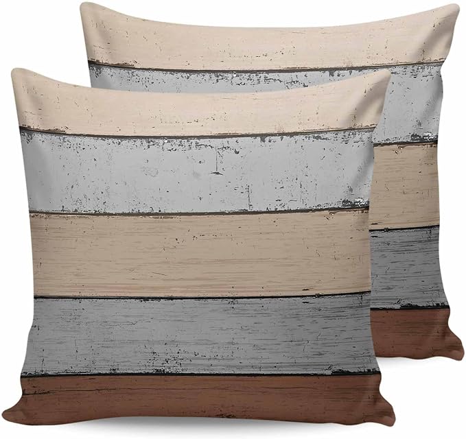Outdoor Throw Pillow Covers 26X26 Set of 2 Waterproof Ombre Ground Color Brown Grey Decorative Zippered Cushion Covers for Patio Furniture, Lumbar Pillowcases Farmhouse Retro Rustic Barn Wood Texture