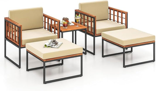 HAPPYGRILL 5 Pieces Patio Conversation Set Acacia Wood Outdoor Furniture Set with Chairs, Ottomans & Coffee Table, Soft Seat & Back Cushions, Patio Wood Chair Set for Backyard Poolside Garden
