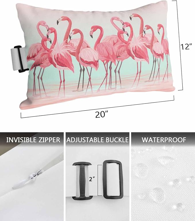 Pack of 2 Outdoor Lumbar Pillow Covers 12x20 Inch, Pink Flamingo Waterproof Throw Pillow Covers Set, Summer Tropical Flamingo Hawaii Animals Indoor&Outdoor Cushion Cases for Patio Porch Beach
