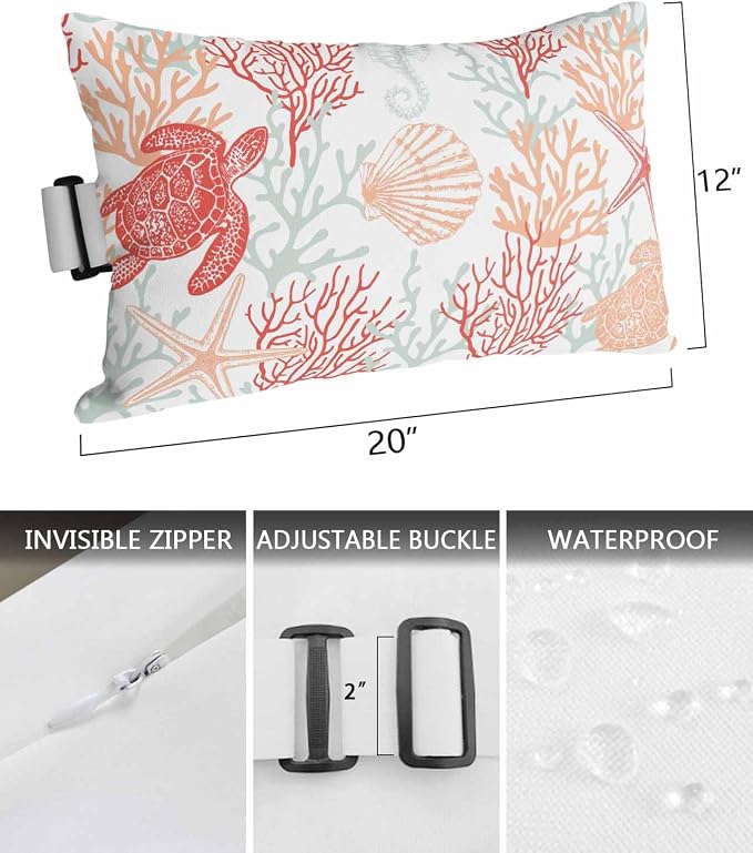 Lumbar Pillow Covers Set of 4, Red Orange Coastal Waterproof Outdoor Chaise Lounge Pillow Covers with Elastic Strap, Sea Turtle Nautical Coral Summer Beach Headrest Pillowcase for Patio, 12 x 20