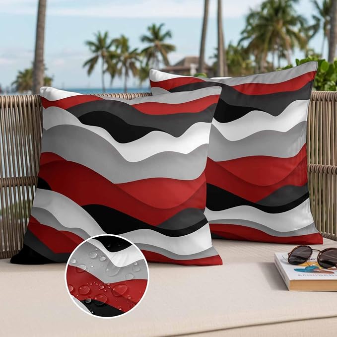 Ocean Waves Outdoor Waterproof Throw Pillow Covers Set of 2, 20"x20", Black Red Wave Gradient Decorative Pillow Covers Outside Cushion Case for Patio Porch Garden