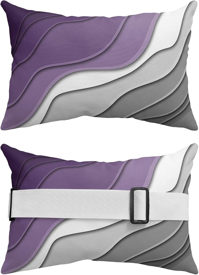 Geometric Ombre Lounge Pillows Outdoor, Aesthetic Purple Grey White Gradient Abstract Head Pillows, Modern Waterproof Patio Furniture Lumbar Pillows with Adjustable Elastic Strap for Recliner Beach