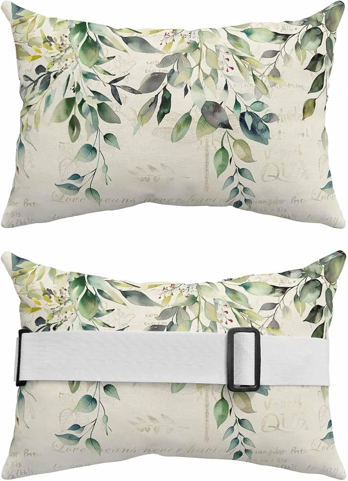 Lumbar Pillow Covers Set of 2, Eucalyptus Leaves Waterproof Outdoor Chaise Lounge Pillow Covers with Elastic Strap, Watercolor Weeping Teal Botanical Vintage Headrest Pillowcase for Patio, 11 x 16