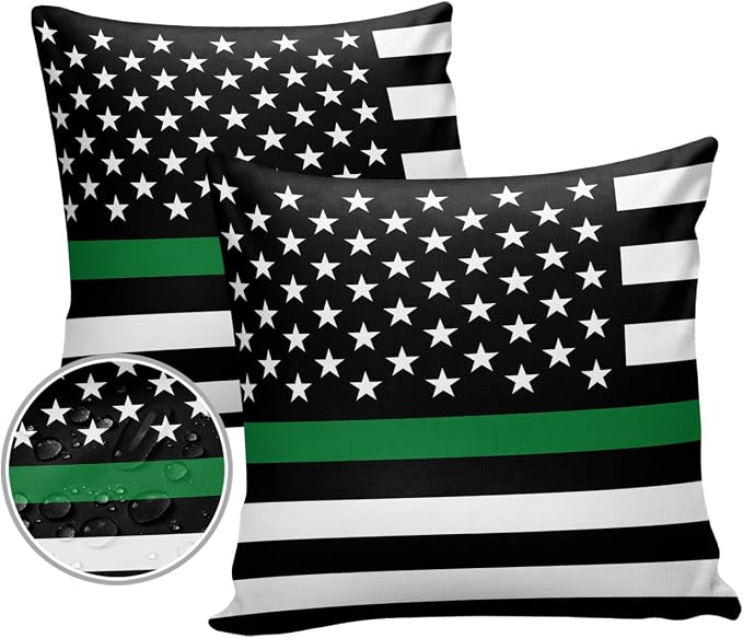Outdoor Waterproof Pillow Covers Set of 2, Thin Green Line Flag Border Patrol, Park Ranger and Conservation Officer Patio Throw Pillow Covers, Decorative Cushion Case for Sofa Furniture, 26x26 Inch