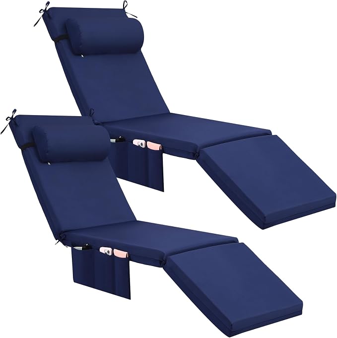 RattanView 2 Pcs Outdoor Chaise Lounge Cushion with Pillow and Side Pockets Waterproof Lounge Chair Cushions for Outdoor Furniture Patio Lounger Pad for Outside Pool Lawn (Navy Blue,72 x 21 x 4)
