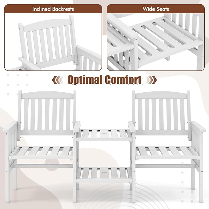 Tangkula Outdoor Wood Loveseat with 2-Tier Side Table and Umbrella Hole, 2-Seater Patio Garden Bench with Armrests and Slatted Seats, Outdoor Table and Chairs Set for Porch and Balcony