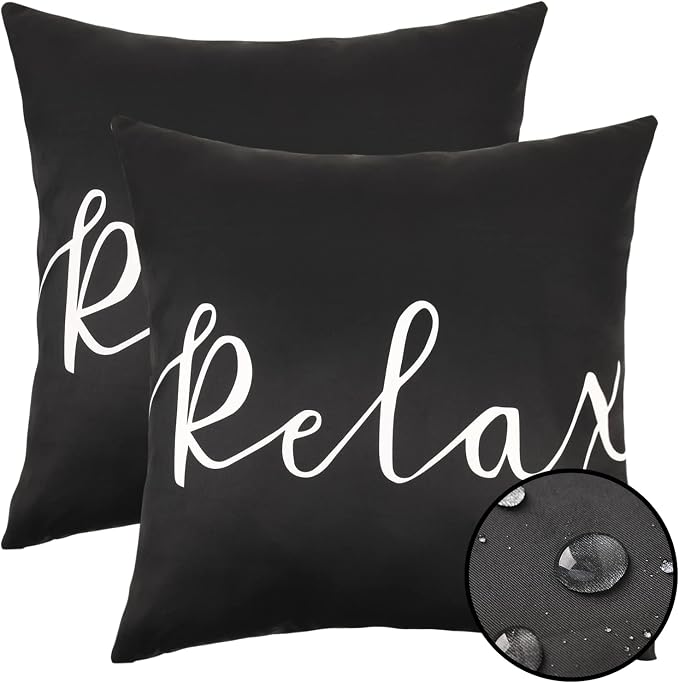 Merrycolor Set of 2 Black and White Outdoor Waterproof Pillow Covers 18x18 Relax Throw Pillow Covers Decorative Outdoor Pillows for Patio Furniture