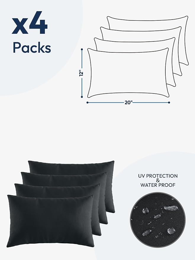 Indoor Outdoor Lumbar Pillows,Waterproof Outdoor Pillows Set of 4 for Patio Furniture,12×20 Inch, Black