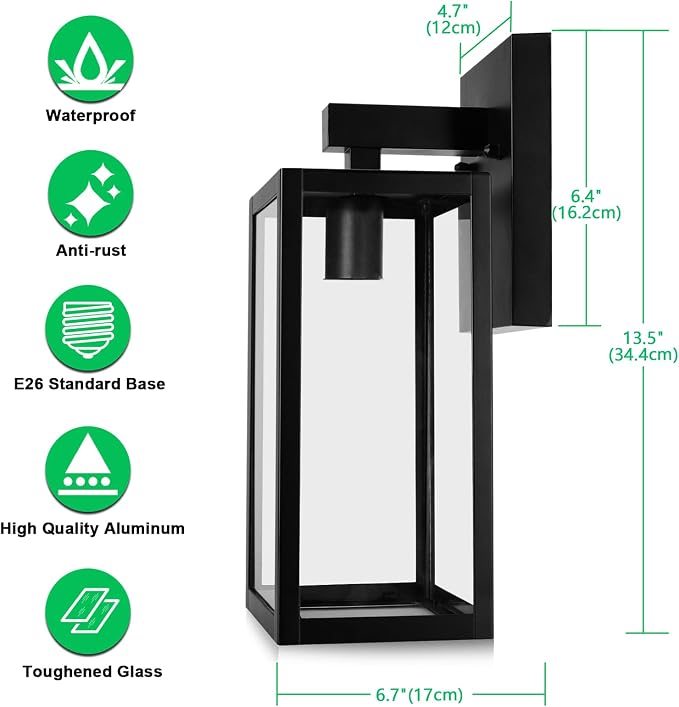 MAXvolador Outdoor Wall Lantern, Large Exterior Waterproof Wall Sconce Light Fixture, Black Anti-Rust Mount Lights Glass, E26 Porch Patio Lighting | Porch Wall Sconce Large Black, Anti-Rust, E26 Socket, Clear Glass, Outside Wall Mount Light, Front Door...