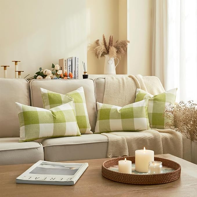 CARRIE HOME Spring Sage Green Plaid Pillow Covers 20x20 Set of 2, Green Decorative Buffalo Plaid Couch Pillows, Farmhouse Spring Home Decor Indoor Checkered Pillow Cover (No Pillow Inserts)