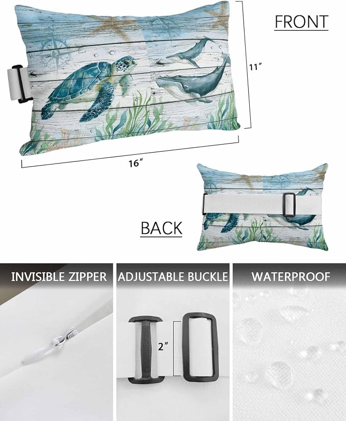 Turtle Seahorse Octopus Whale Outdoor Head Pillows for Recliner Lounge Chair,Pack of 2 Waterproof Throw Pillow Cushion Cases with Insert&Elastic Strap,Marine Life on Wood Neck Pillow for Patio Beach