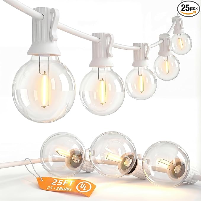 25FT G40 LED White Outdoor String Lights with 25 Plastic Shatterproof Bulbs | 2700K Warm White, IP65 Waterproof Hanging Connectable Globe Lights for Patio Garden Porch Pergola Bistro Decor, White Wire
