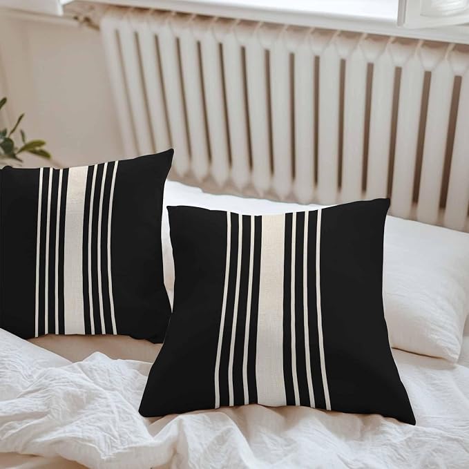 Throw Pillow Covers 26x26 Inch Set of 2, Black Beige Striped Waterproof Outdoor Cushion Covers, Modern Farmhouse Retro Lines Decorative Pillowcases for Couch, Sofa, Bed, Garden, Patio