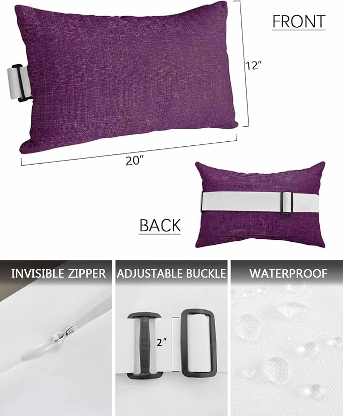 Outdoor Pillow for Chaise Lounge Chair Purple Rustic Vintage Burlap Texture Outdoor Pillows Waterproof with Adjustable Strap Headrest Lumbar Pillows for Garden Patio Furniture 1 Pack 12" x 20"